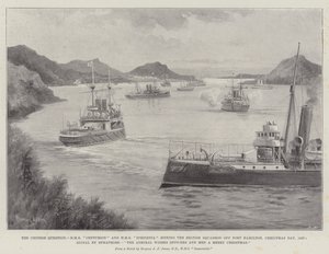 The Chinese Question, HMS Centurion and HMS Iphigenia Joining the British Squadron off Port Hamilton, Christmas Day, 1897, Signal by Semaphore, The Admiral Wishes Officers and Men a Merry Christmas by Charles John de Lacy